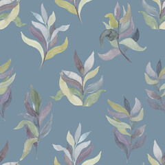 watercolor twigs with leaves of different colors on a colored  background vector seamless pattern
