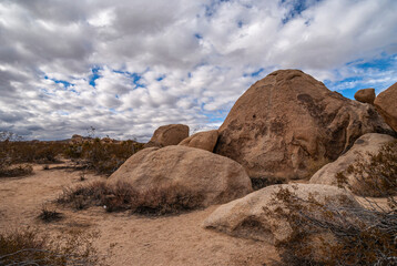 Joshua Tree National Park, CA, USA - December 30, 2012: Group of large and small brown boulders behind dried shrub on sand under thick white cloudscape with few blue patches.