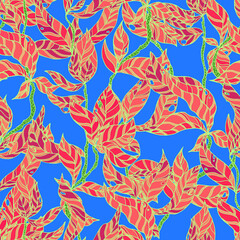 branches with striped leaves vector seamless pattern. A hedge of twigs on a colored background. Leaves with stripes and holes on the tree