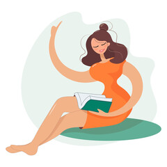 A woman in a bright orange dress with a book in her hands. A pretty girl reads a book, she has smart thoughts. Useful learning in a comfortable home environment. Vector isolated. Flat style.