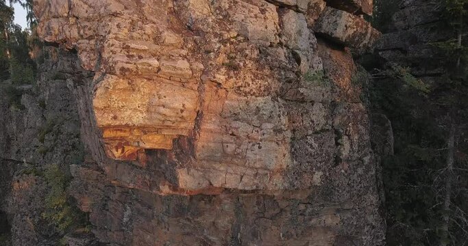 Flying along scenic rock at Ural mountains. Aigir rocks at Beloretsk region of Bashkortostan