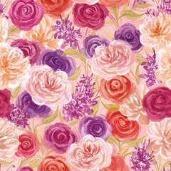 Fototapeta na wymiar Floral seamless pattern with hand-painted rose flowers and delicately leaves on the light pink color background. Illustration of romantic ornament. For fabric, textile, packaging, wrapping paper.