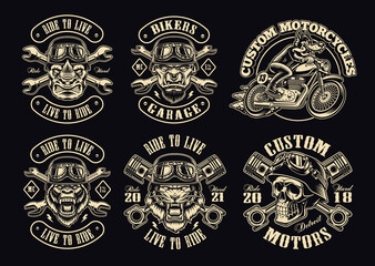 A set of black and white biker illustrations, these designs can be used as emblems for a motorcycle club, as shirt prints as well as for many other uses.