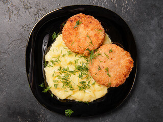 mashed potatoes with chicken cutlets and greens on a dark background