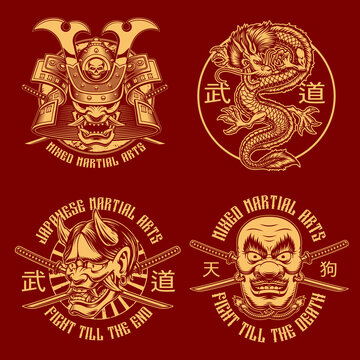 A set of black and white samurai-themed illustrations, these designs can be used a shirt prints, translation of Japanese characters in the file layer name