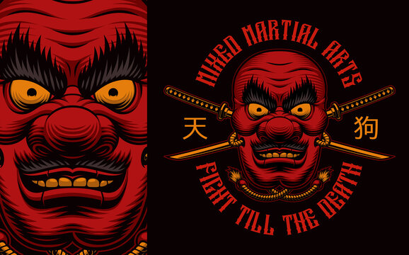 Japanese Tengu mask colorful t-shirt design on a black background