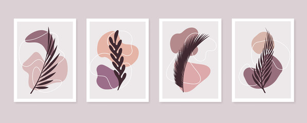 Fototapeta na wymiar Set of botanical wall art. Modern art posters collection with tropical leaves silhouettes and abstract shapes. Abstract contemporary design for print, wall art, cover, postcard, wallpaper.