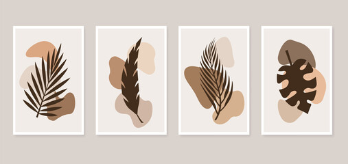 Set of botanical wall art. Modern art posters collection with tropical leaves silhouettes and abstract shapes. Abstract contemporary design for print, wall art, cover, postcard, wallpaper.