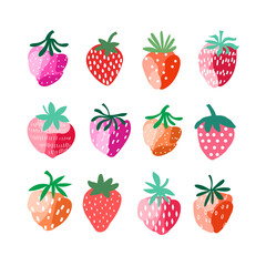 Hand drawn strawberry set. Cute summer strawberry collection