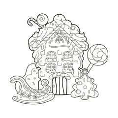 Fototapeta premium Coloring book: Christmas gingerbread house with gingerbread tree and Santa's sleigh, snow ice cream on the roof. Vector illustration, black and white lines for children, cartoon