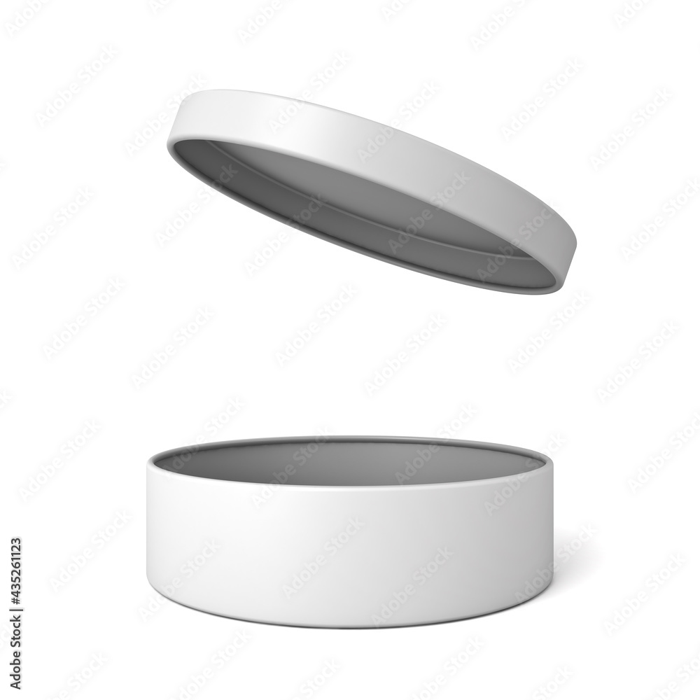 Poster Blank white open cylinder box with lid isolated on white background with shadow 3D rendering