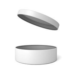Blank white open cylinder box with lid isolated on white background with shadow 3D rendering