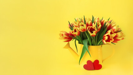 red and yellow tulips in tin can with two wooden hearts on yellow background