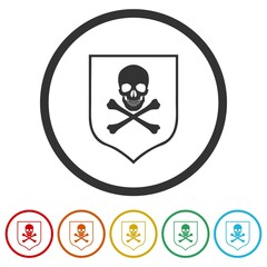 Shield with pirate skull ring icon isolated on white background color set