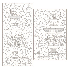 Set of contour illustrations in the style of stained glass with Russian samovars and teapots, dark outlines on a white background