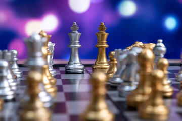 chess board game competition business concept with blur image background. to represent chess battle, success, team leader, teamwork and business strategy concept.