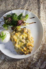 view from above on the mushroom casserole with rice and herbs