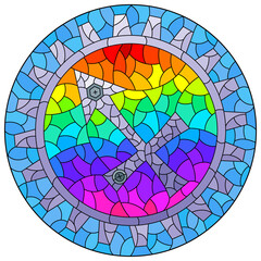 Fototapeta premium Illustration in the style of a stained glass window with an illustration of the steam punk sign of the horoscope Sagittarius, round image