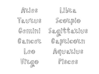 Zodiac lettering Vector Sign. Cartoon astrology text illustration. Horoscope handwritten icon set.