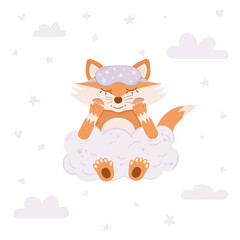 Cute fox sleeps in a sleep mask on a cloud. Vector children's illustration for posters in the nursery.
