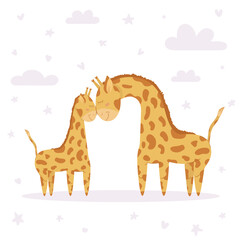 Cute illustration of mom and baby giraffe on a white background. Vector illustration for a poster in the nursery.