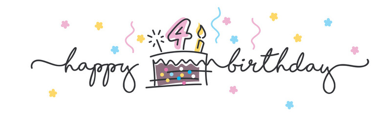 4th Birthday handwritten typography lettering Greeting card with colorful big cake, number, candle and confetti
