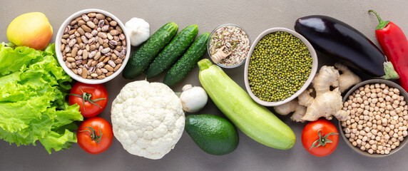 Fresh farm organic vegetables banner, healthy food concept, vegetables and beans, superfood and green salad, top view, copy space