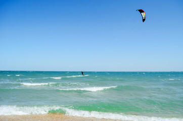 Aerial view. Kite surfing on the blue sea. Kerch Russia Black sea 18 August 2020