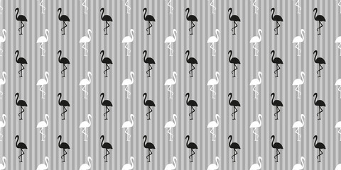 Seamless striped pattern with flamingos. Silhouettes of abstract birds. Geometric stripe texture