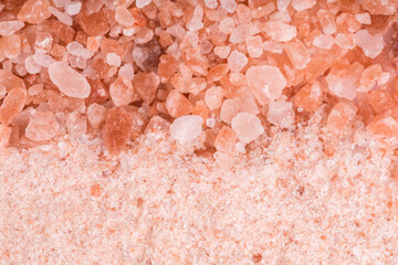 Himalayan pink salt, coarse salt and fine salt, top view, close up - obrazy, fototapety, plakaty