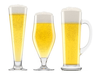 Set of fresh beer in different mugs with bubble froth isolated on white.