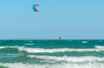 Aerial view. Kite surfing on the blue sea. Kerch Russia Black sea 18 August 2020
