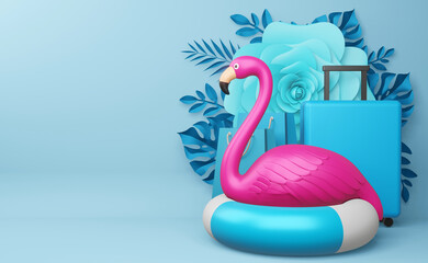 Pink flamingo and swimming ring with flower, summer season, summer template 3d rendering