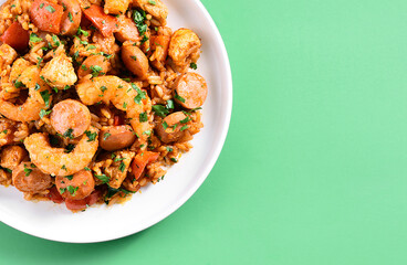 Creole jambalaya with chicken, smoked sausages and vegetables