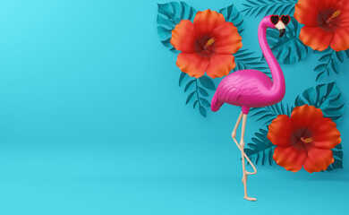 Flamingo wearing glasses and hibiscus flowerwith leaves, summer season, summer template 3d rendering