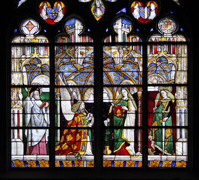 The stained glasses, describing scenes of the Saints' lifes of the cathedral Saint-Etienne on Bourges, France. Cathedral is UNESCO World Heritage Site.