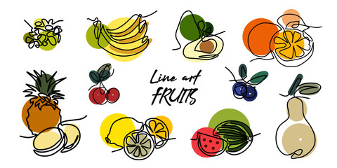 Set of abstarct minimalsm illustrations with fruits and berries and colorful stains