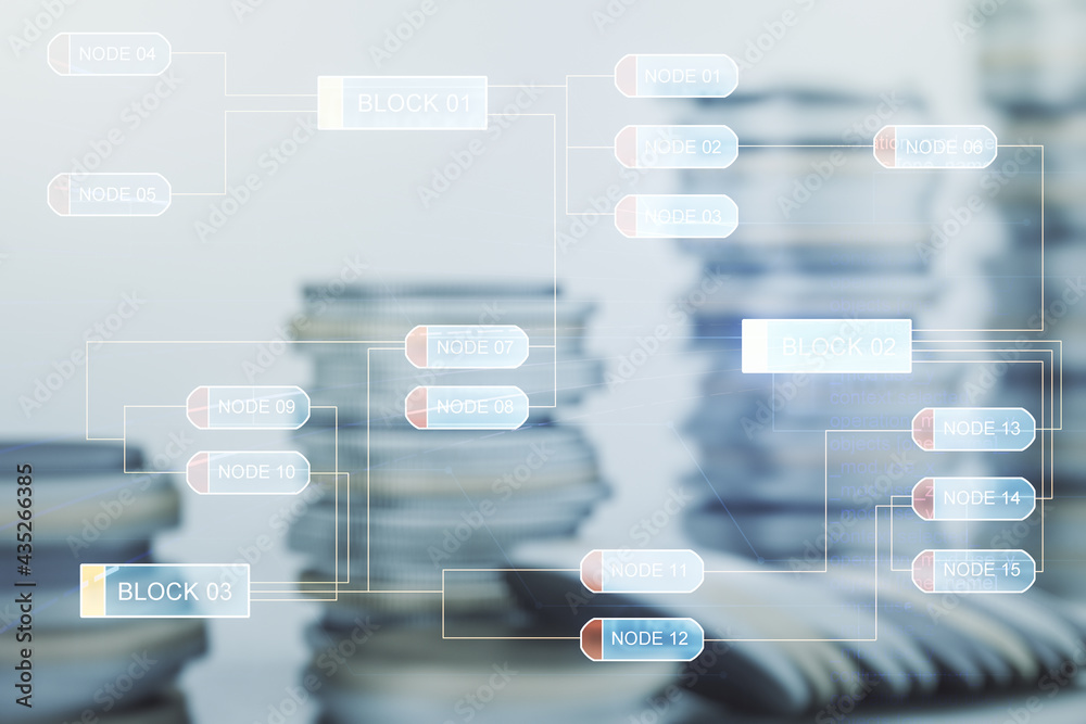 Poster multi exposure of abstract graphic coding sketch on coins background, big data and networking concep