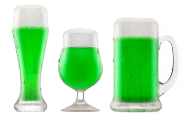 Set of fresh green beer in different mugs with bubble froth isolated on white.