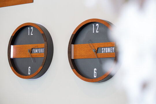 Closeup Of Clocks On The Wall At The Hotel