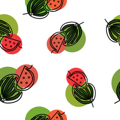 Seamless pattern with watermelons, line art illustration