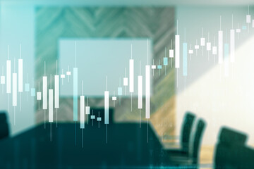 Multi exposure of abstract virtual financial graph hologram on a modern conference room background, forex and investment concept