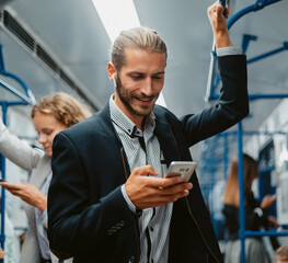 smiling passenger reading a message on his smartphone.