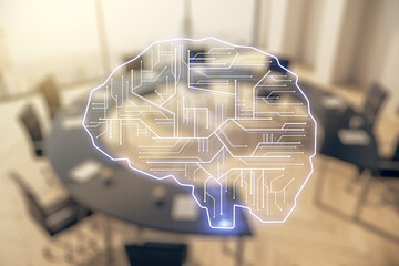 Virtual creative artificial Intelligence hologram with human brain sketch on a modern conference room background. Multiexposure