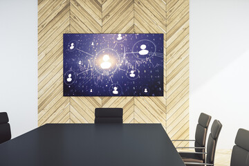 Social network concept on presentation screen in a modern conference room. 3D Rendering