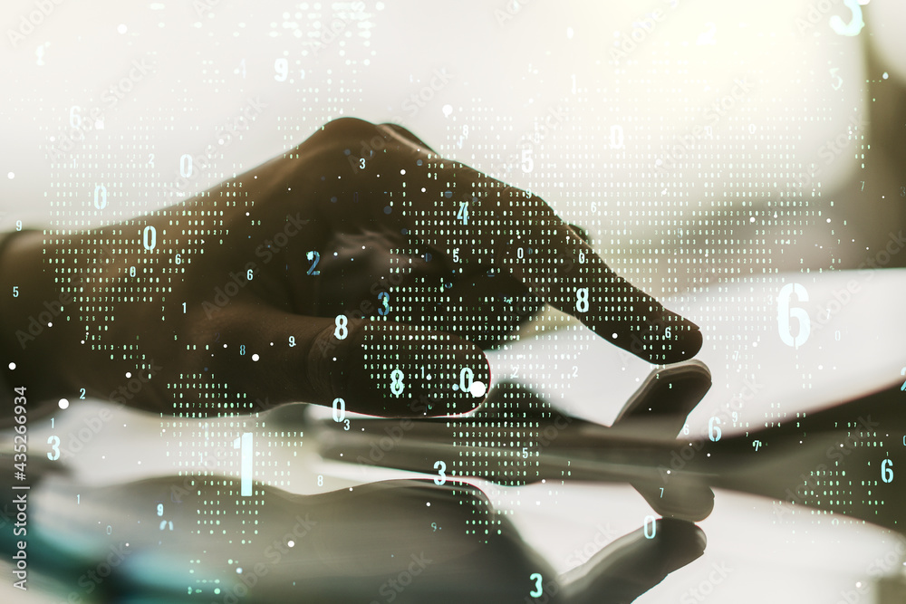 Poster double exposure of abstract programming language hologram with world map and finger clicks on a digi