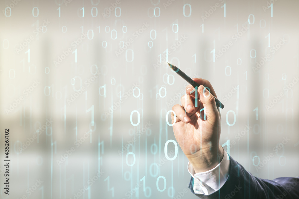 Poster man hand with pen working with abstract virtual binary code illustration on blurred office backgroun