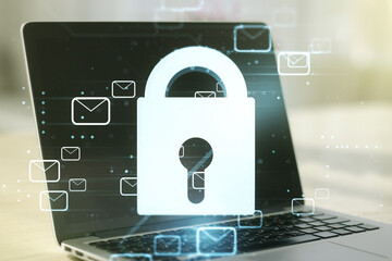 Creative light lock illustration with postal envelopes on modern computer background, cyber security and email protection concept. Multiexposure