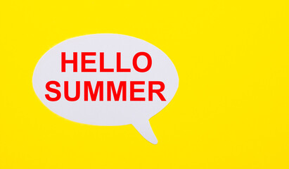 On a bright yellow background, white paper with the words HELLO SUMMER