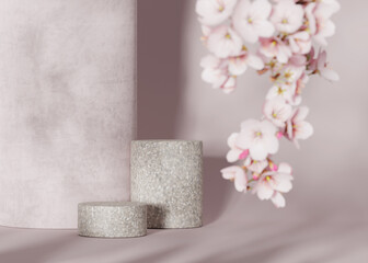 3D background, stone podium, pastel pink display with cherry blossom flower branch. Product promotion, beauty cosmetics pedestal. Studio Minimal showcase, banner mock up with copy space 3D render.